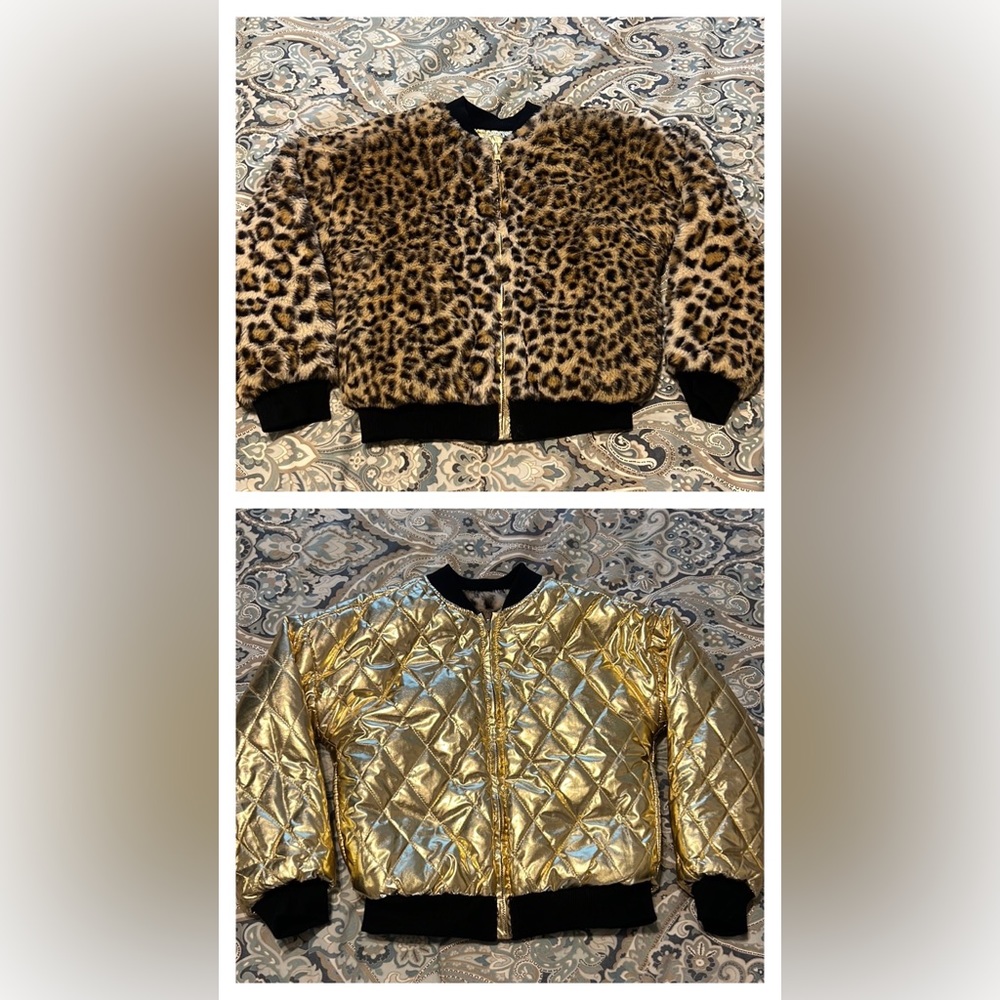 Justice Girls Reversible Leopard/Gold Quilt jacket. Size 7/8